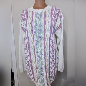 Vintage Cream & Dusty Rose Cable Knit Sweater – Floral Embroidered Cottagecore